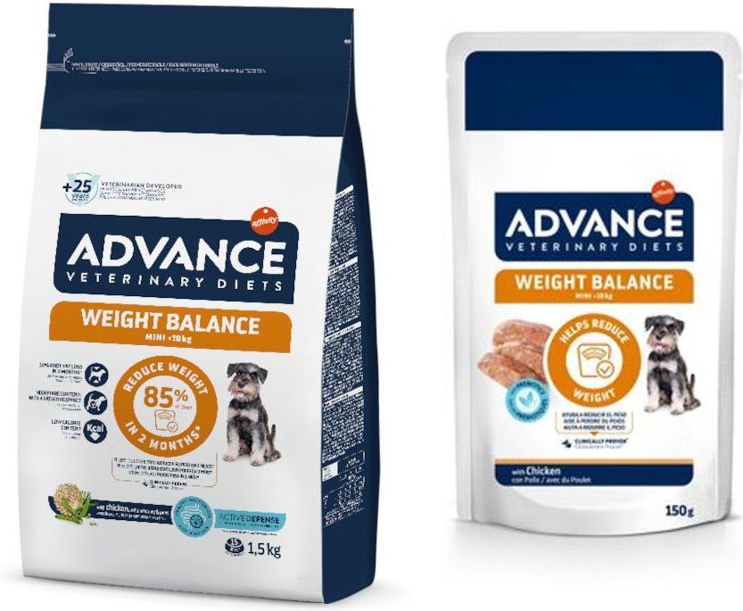 Advance Veterinary Diets Mini + 8 x 150 g passendes Nassfutter zum Sonderpreis! - 1,5 kg Weight Balance