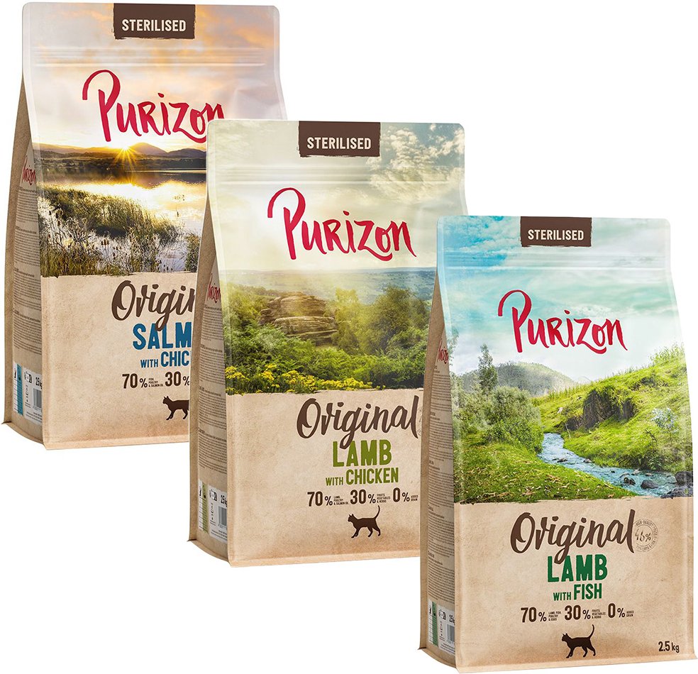 Thumbnail - Gemischtes Sparpaket Purizon 3 x 2,5 kg - Sterilised Mix: Lachs mit Huhn, Lamm mit Huhn, Lamm mit Fisch