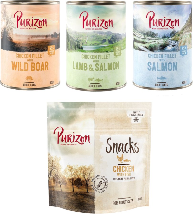 Purizon Kombi-Paket: Adult Nassfutter + Snack - 24 x 400 g Mixpaket (8 x Wildschwein, 8 x Lachs, 8 x Lamm) + 3 x 40 g H...