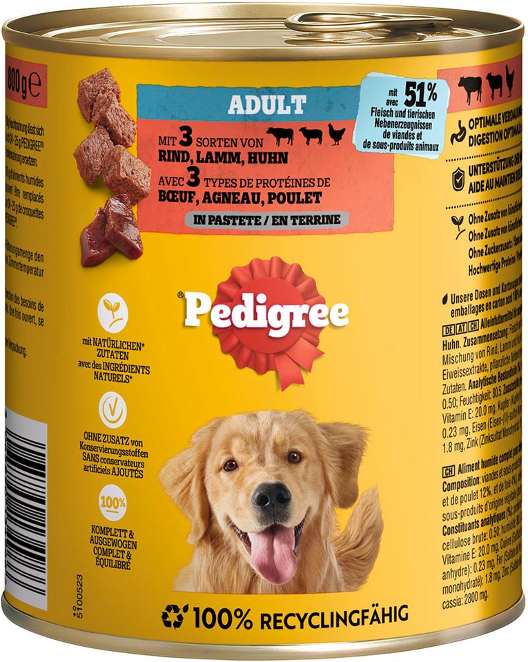 Pedigree Classic 12 x 800 g - Rind, Lamm & Huhn in Pastete