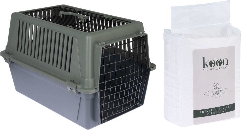 TIAKI Transportbox Verde - Sparset: Transportbox L + 15 x kooa Reise-Welpenunterlage mit Duft