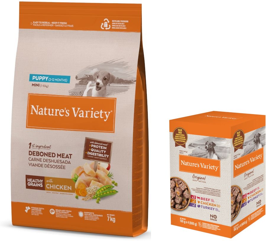 Nature's Variety Trockenfutter + Original Paté No Grain Adult Nassfutter gratis! - 7 kg Healthy Grains Puppy Mini Huhn +...
