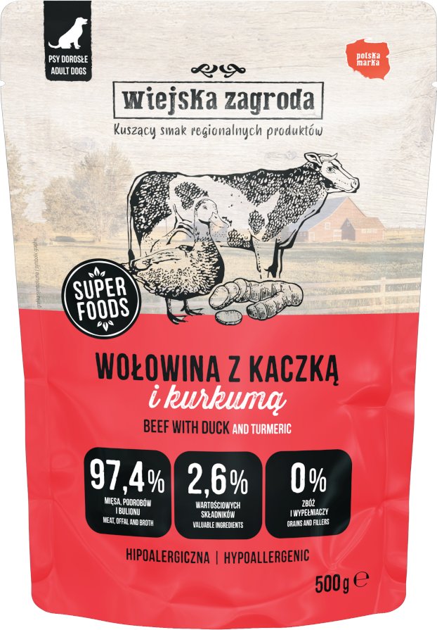Sparpaket Wiejska Zagroda Dog Pouches 2 x 500 g - Rindfleisch mit Ente