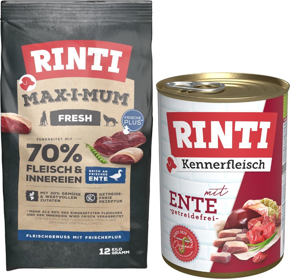 RINTI Kombi-Paket: 12 kg Max-i-mum + 12 x 400 g Kennerfleisch - Ente: 12 kg Max-i-mum + 12 x 400 g Kennerfleisch