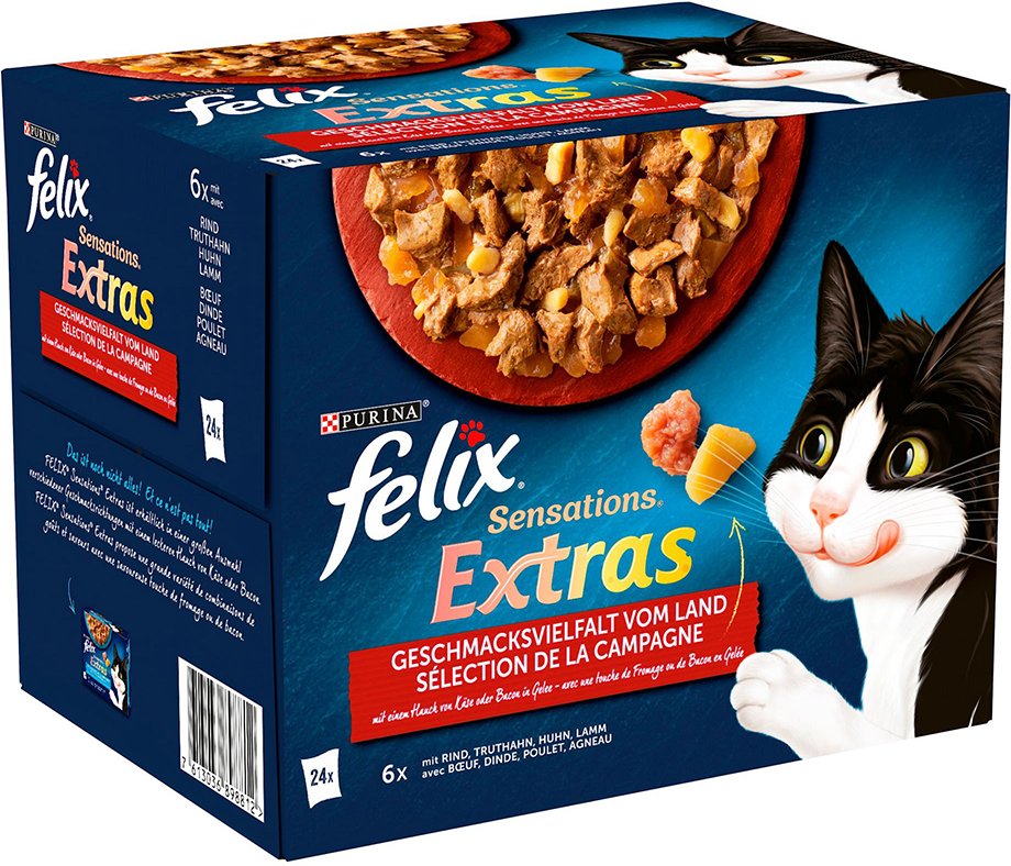 38 + 10 gratis! 48 x 85 g Felix Nassfutter - "Sensations Extras" in Gelee