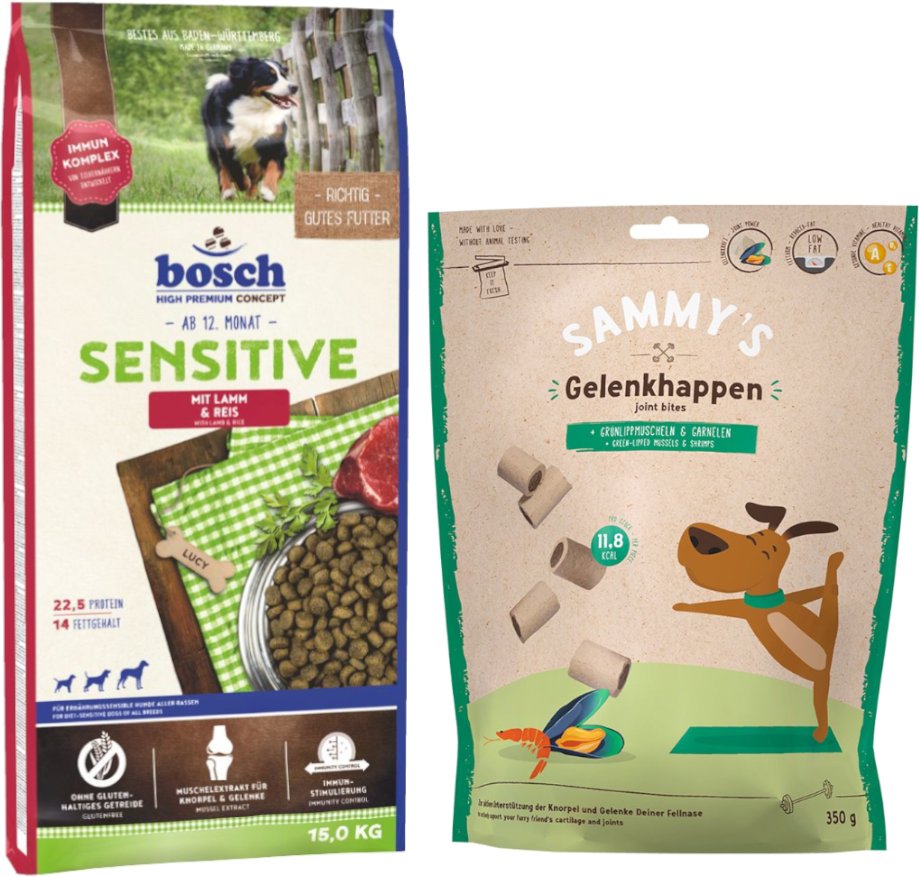 Kombi-Paket: 15 kg bosch HPC Trockenfutter + 3 x 350 g Sammy's Gelenkhappen - Sensitive Lamm & Reis 15 kg + Sammy's Gele...