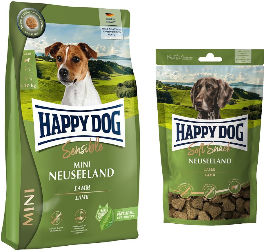 Happy Dog Kombi-Paket: 2 x 4 kg Sensible mini Trockenfutter + 4 x 100 g Soft Snack - 2 x 4 kg Neuseeland + 4 x 100 g N...