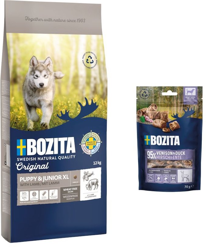 12 kg Bozita Original + 2 x 70 g Meaty Bites mit Hirsch & Ente gratis! - Puppy & Junior XL mit Lamm - Weizenfrei