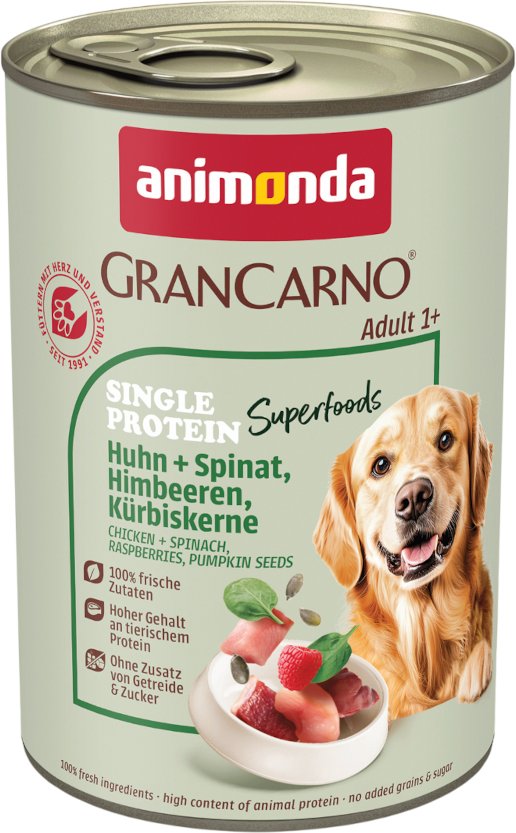 Animonda GranCarno Adult Single Protein Superfoods 6 x 400 g - Huhn + Spinat, Himbeeren, Kürbiskerne