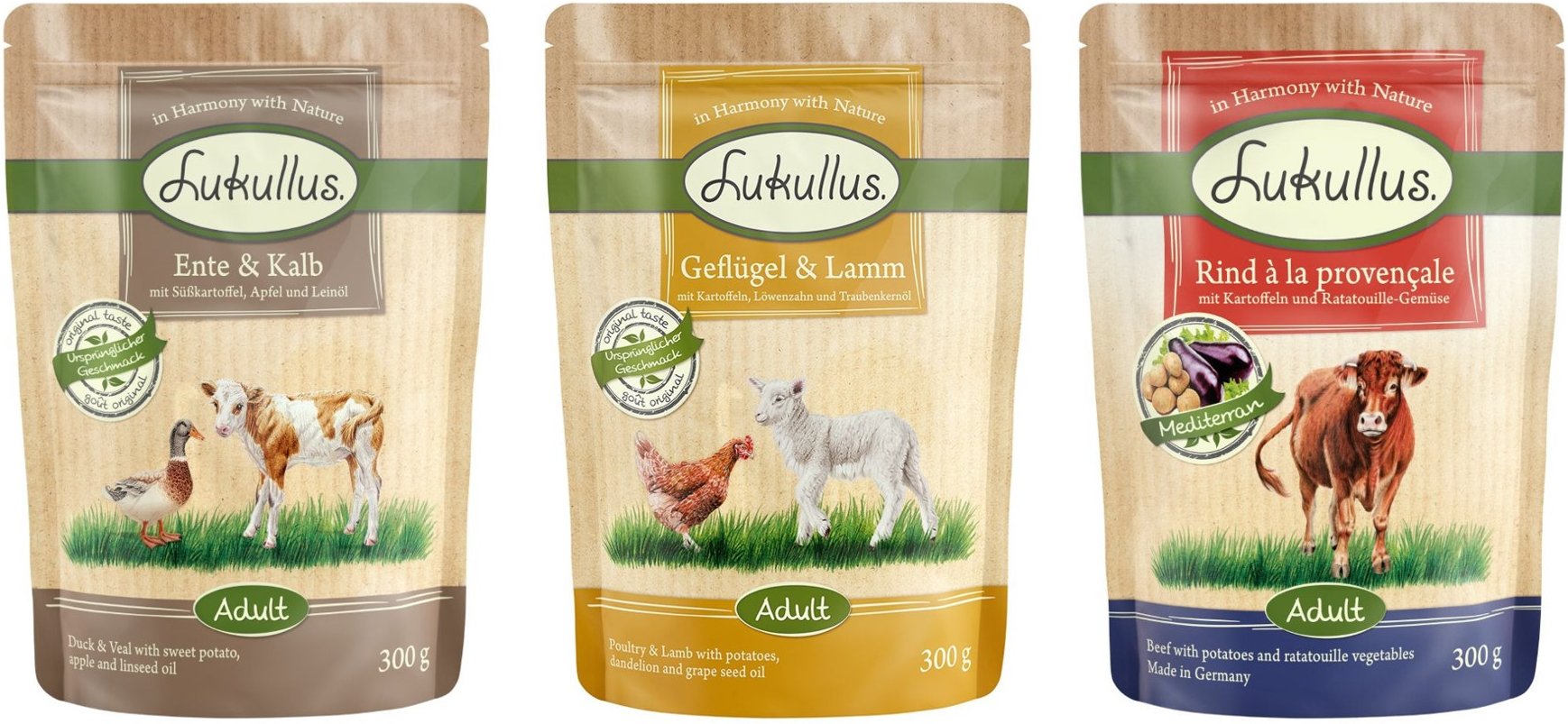 Thumbnail - Sparpaket Lukullus Frischebeutel 48 x 300 g - Mixpaket Getreidefrei (3 Sorten)