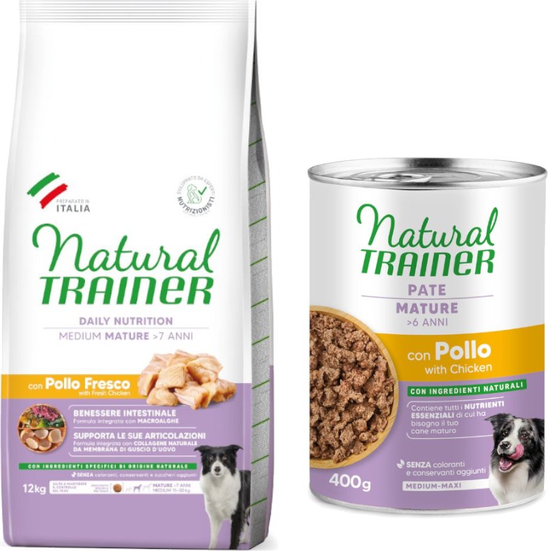 12 kg Natural Trainer + 2 x 400 g passendes Nassfutter gratis! - Mature Medium mit Huhn + Pate Medium & Maxi Mature mit...