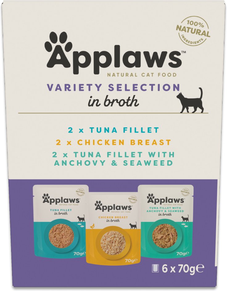 Applaws Pouch mit Brühe 6 x 70 g - Mixpaket Thunfisch & Hühnchen (3 Sorten)