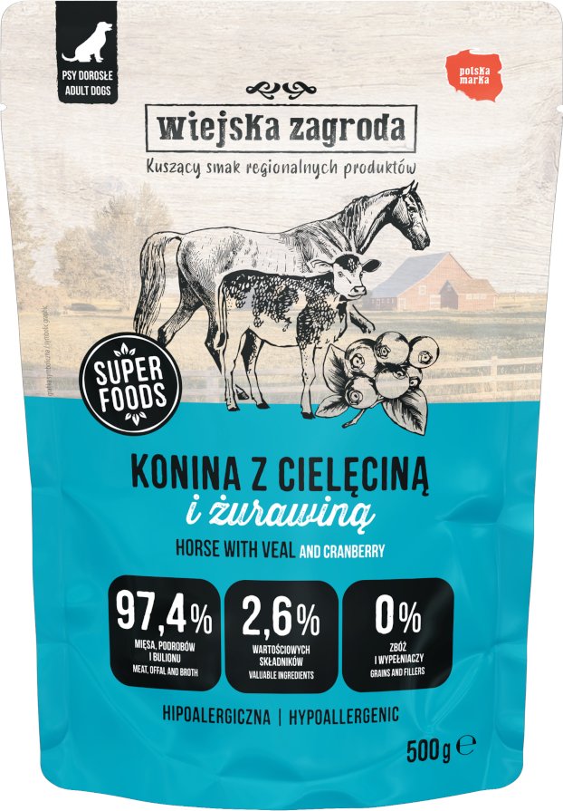 Sparpaket Wiejska Zagroda Dog Pouches 2 x 500 g - Pferdefleisch mit Kalbfleisch