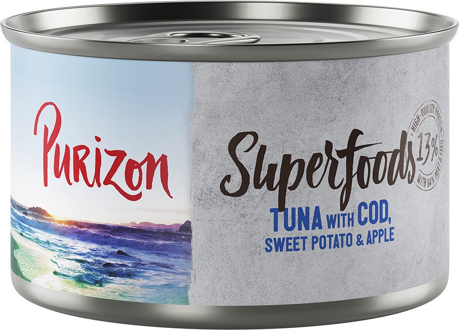 Purizon Superfoods 24 x 140 g - Thunfisch mit Kabeljau, Süßkartoffel und Apfel