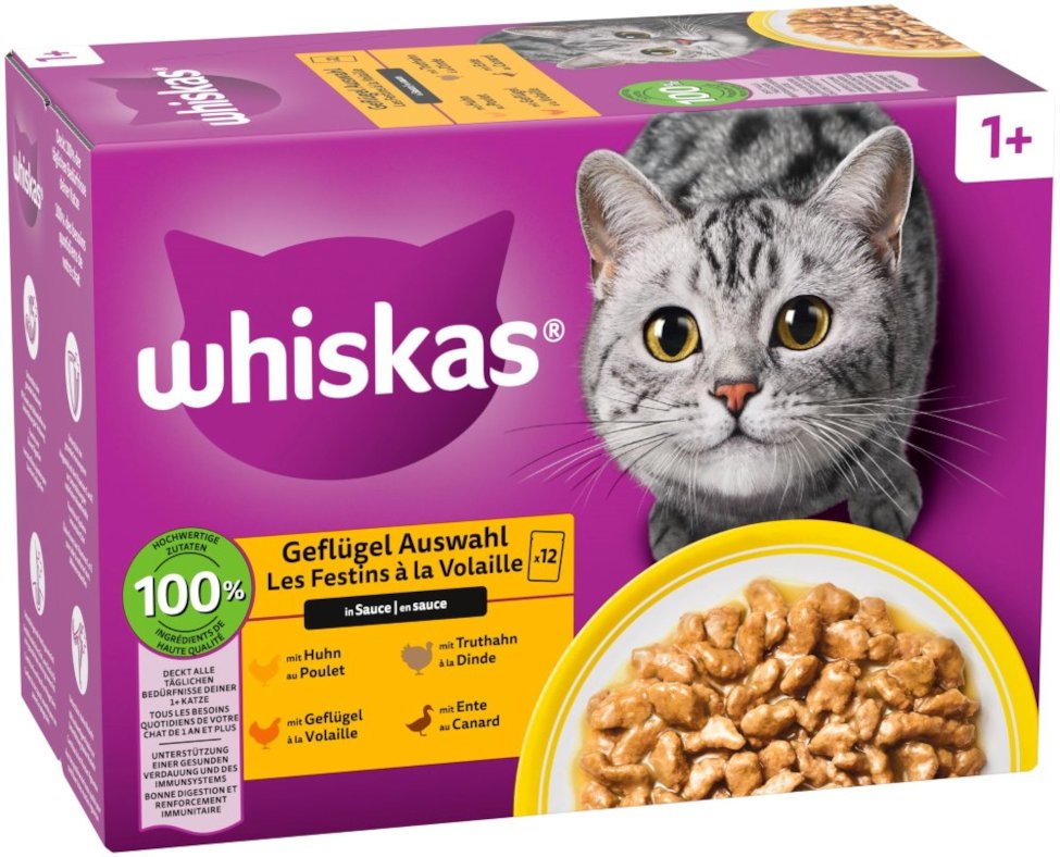 Multipack Whiskas 1+ Adult Frischebeutel 12 x 85 g - Geflügelauswahl in Sauce