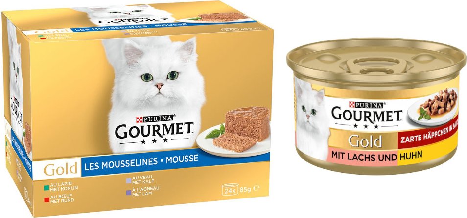 24 x 85 g Gourmet Gold + 12 x 85 g Zarte Häppchen Lachs & Huhn gratis! - Feine Pastete Fleisch-Mix