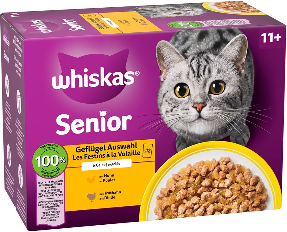 Multipack Whiskas Senior Frischebeutel 12 x 85 g - 11+ Geflügelauswahl in Gelee