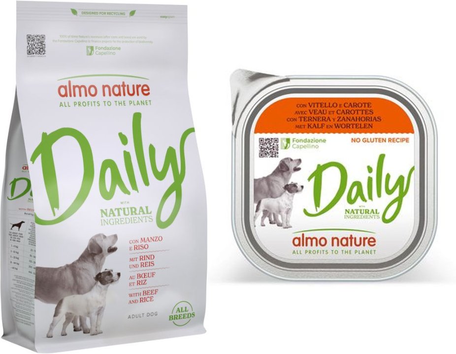 Almo Nature Daily Trockenfutter + 9 x 300 g Ausgewähltes Nassfutter zum Sonderpreis! - 1,2 kg All Breeds Rind & Reis + 9...