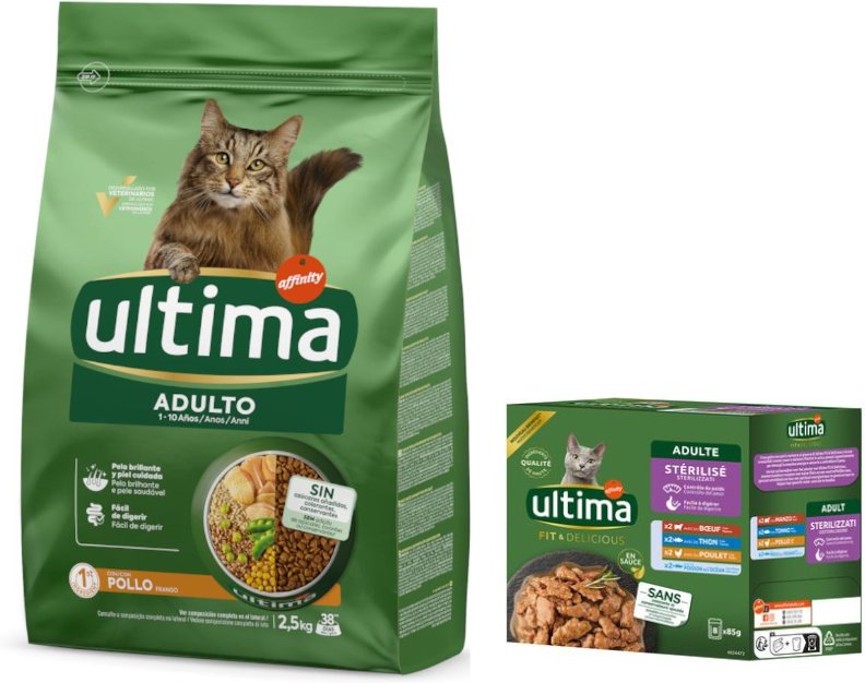 2,5 kg Ultima Trockenfutter + passendes Nassfutter gratis! - Adult Huhn + 8 x 85 g Sterilized Mix II