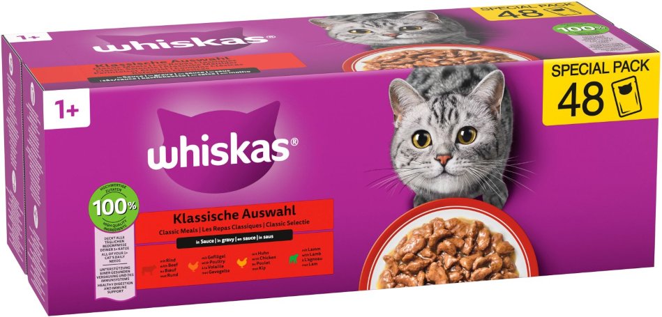 Megapack Whiskas 1+ Adult Frischebeutel 48 x 85 g - Klassische Auswahl in Sauce
