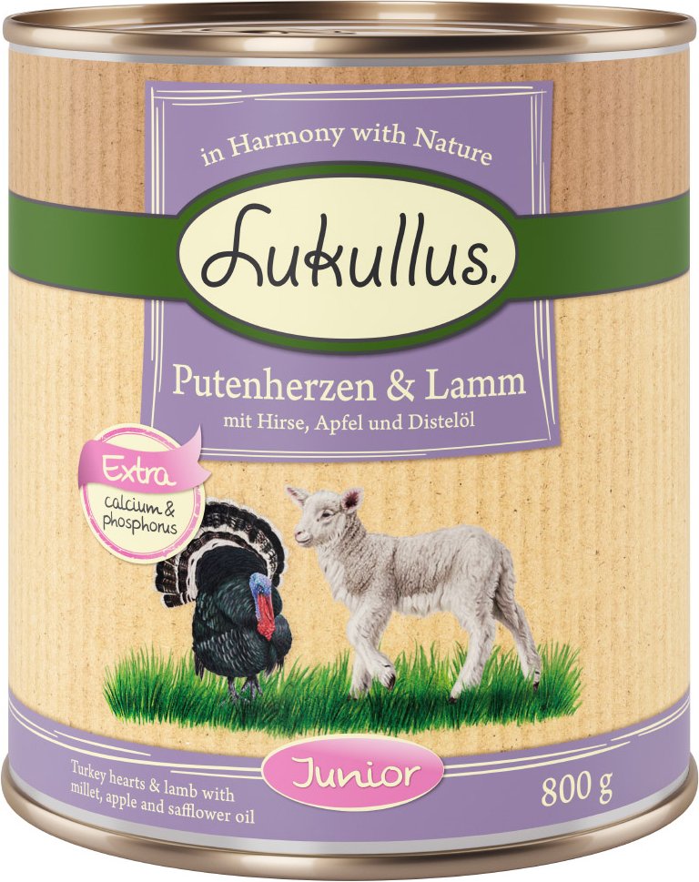 Sparpaket Lukullus Naturkost 24 x 800 g - Junior Putenherzen & Lamm