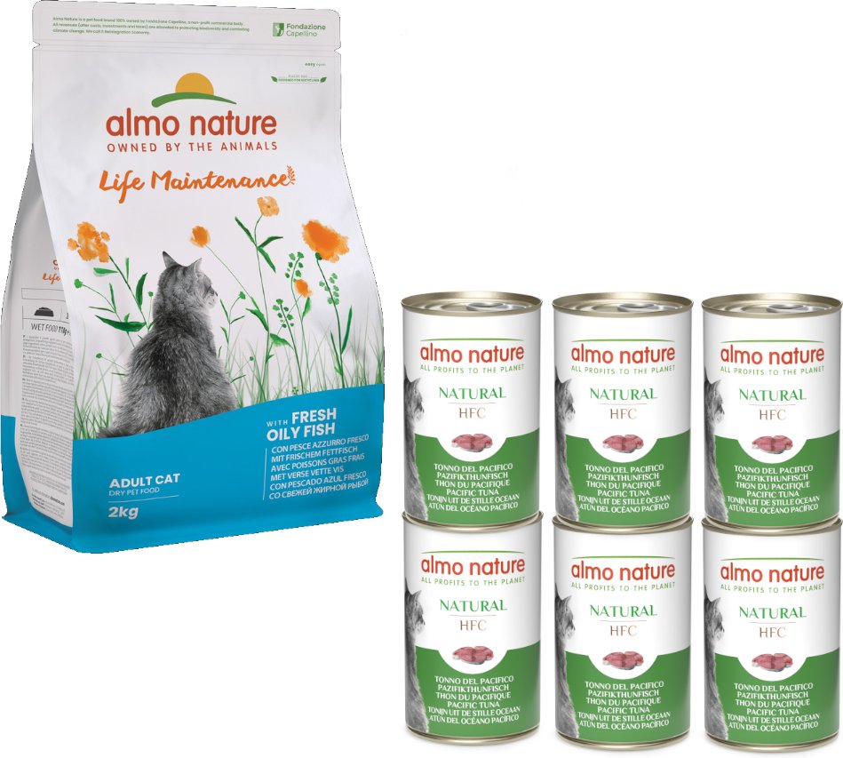 Gemischte Probierpakete Almo Nature - 2 kg Holistic Fettfisch & Reis + 6 x 140 g Classic Pazifikthunfisch