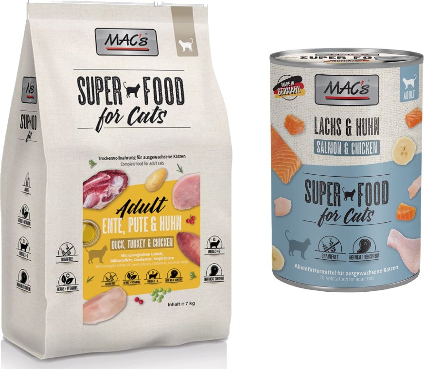 MAC´s Kombi-Paket: 12 x 400 g Nassfutter + 2 x 1,5 kg Superfood Trockenfutter - 12 x 400 g Lachs & Huhn + 2 x 1,5 kg A...