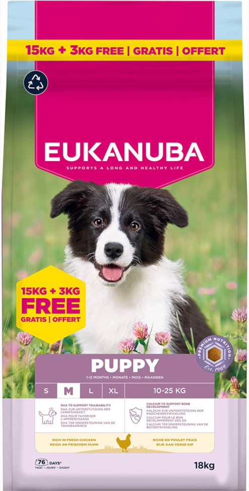 3 kg gratis! 18 kg Eukanuba Premium Nutrition mit Huhn - Puppy Medium Breed