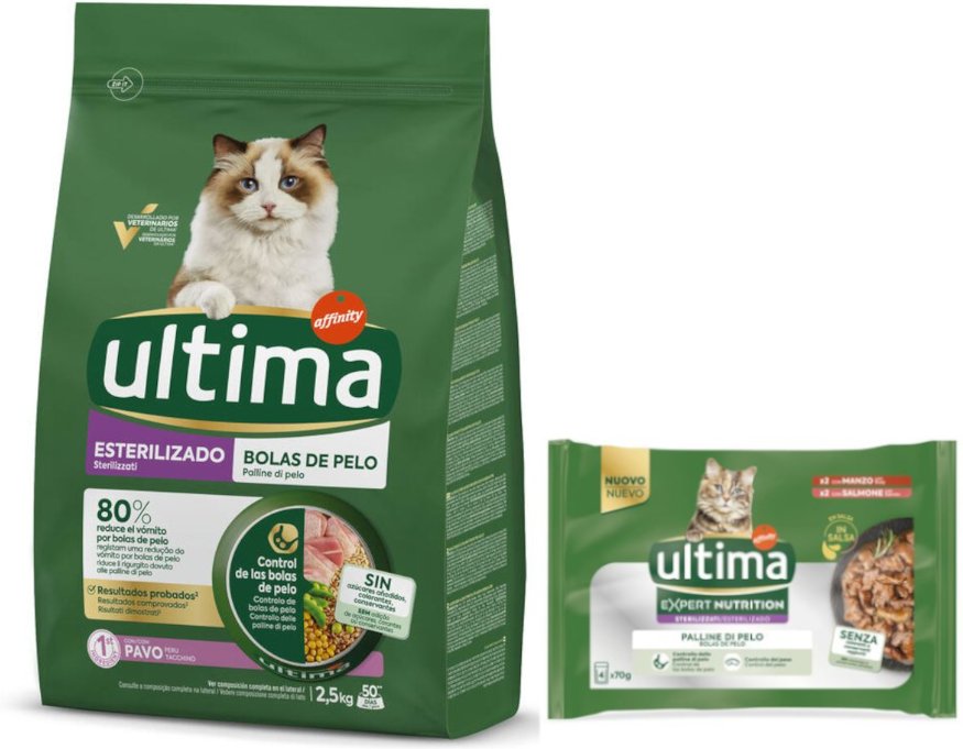 2,5 kg Ultima Trockenfutter + passendes Nassfutter gratis! - Sterilized Hairball Truthahn + 4 x 70 g Expert Nutrition H...