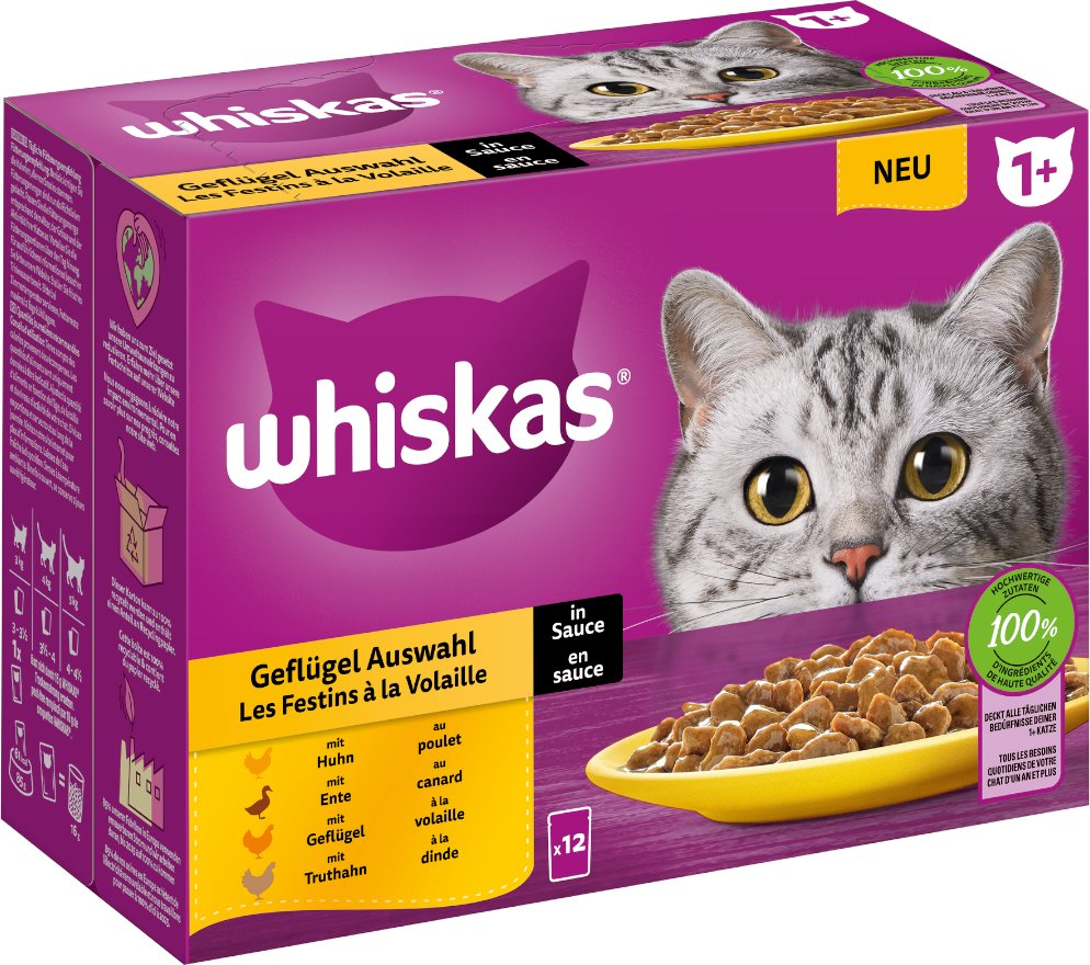 Megapack Whiskas 1+ Adult Frischebeutel 24 x 85 g - Geflügelauswahl in Sauce