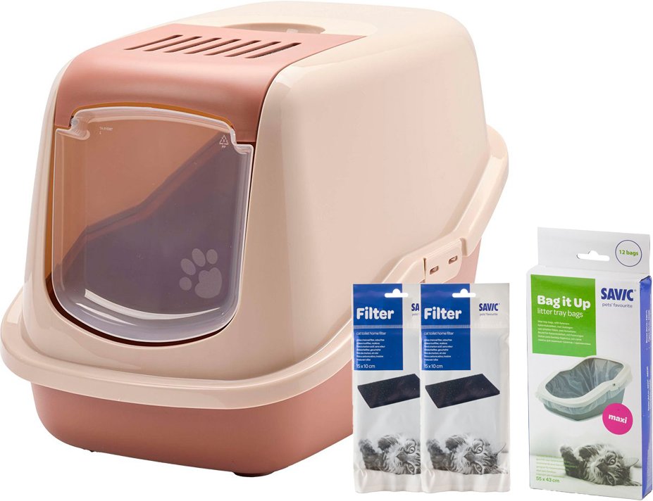 Thumbnail - Savic Katzentoilette Nestor - Starterset: Toilette champagner rosa/toskana rot + 2 Filter + 12 Bag it up