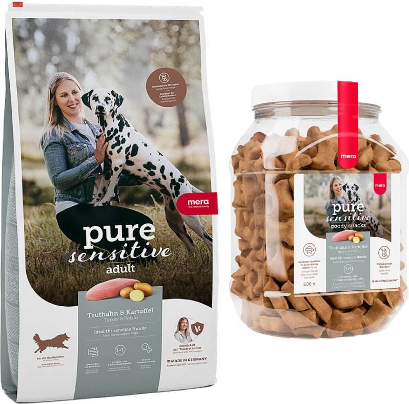 mera pure sensitive Kombi-Paket: 12,5 kg Trockenfutter + 3 x 600 g Goody Snacks - Adult Truthahn & Kartoffel getreidefre...