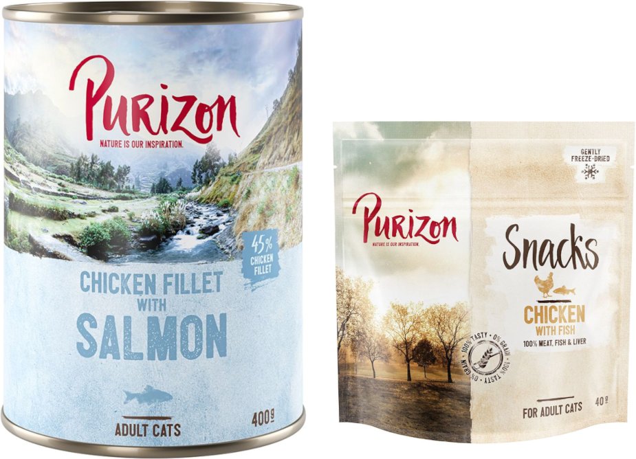 Purizon Kombi-Paket: Adult Nassfutter + Snack - 24 x 400 g Hühnerfilet mit Lachs + 3 x 40 g Huhn mit Fisch