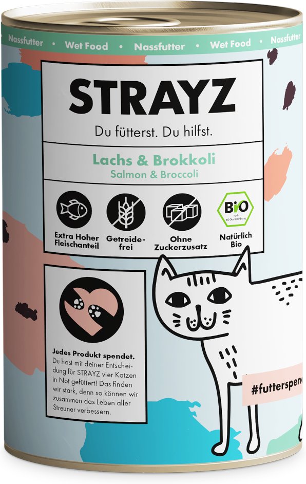 STRAYZ BIO Katze 6 x 400 g - Bio-Lachs & Bio-Brokkoli