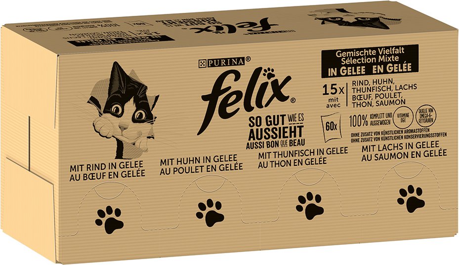 Jumbopack Felix "So gut wie es aussieht" Gelee 120 x 85 g - Fleisch Mixpaket 2 (Rind, Lachs, Huhn, Thunfisch)