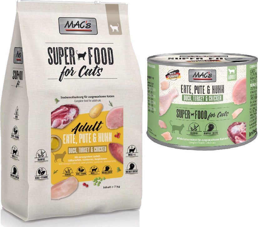 Thumbnail - MAC´s Kombi-Paket: 12 x 200g Nassfutter + 2 x 1,5 kg Superfood Trockenfutter - 12 x 200 g Ente, Pute, Huhn + 2 x 1,5 kg...