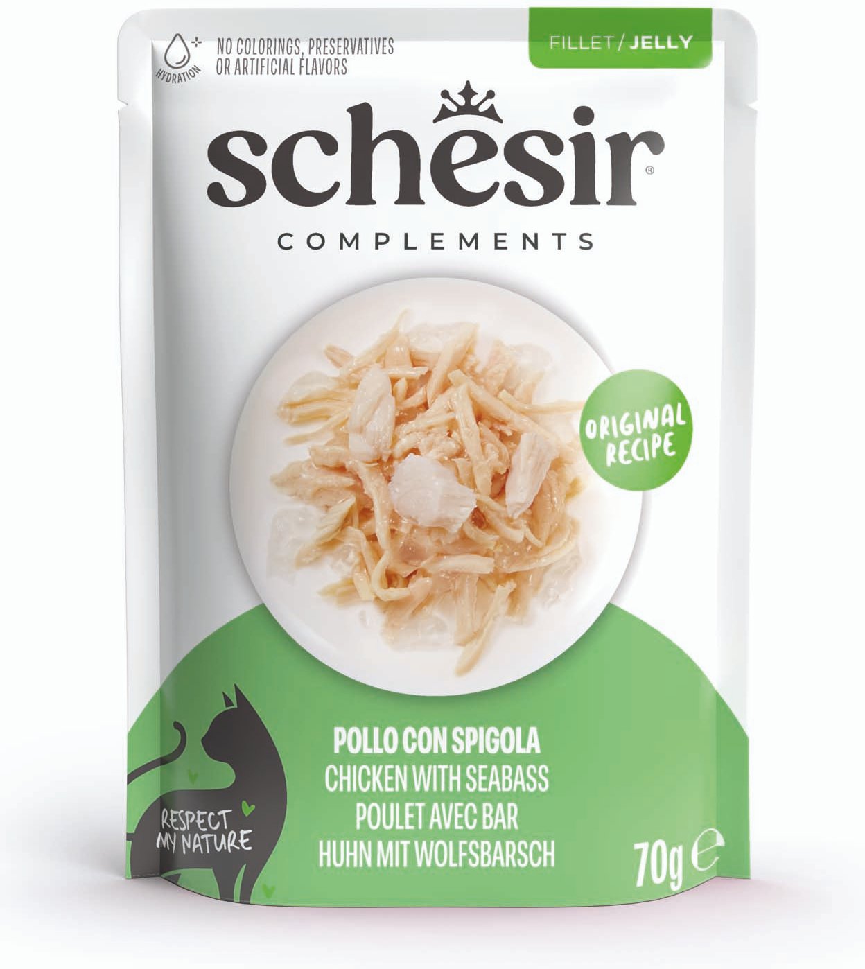 Sparpaket Schesir Complements Filet in Gelee 24 x 70 g - Huhn mit Wolfsbarsch