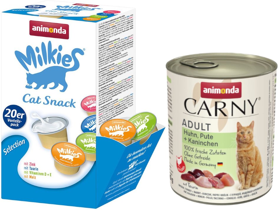 animonda Kombi-Paket: 12 x 800 g Carny Adult + 20 x 15 g Milkies Selection - Huhn, Pute & Kaninchen + Milkies Snack (4 S...