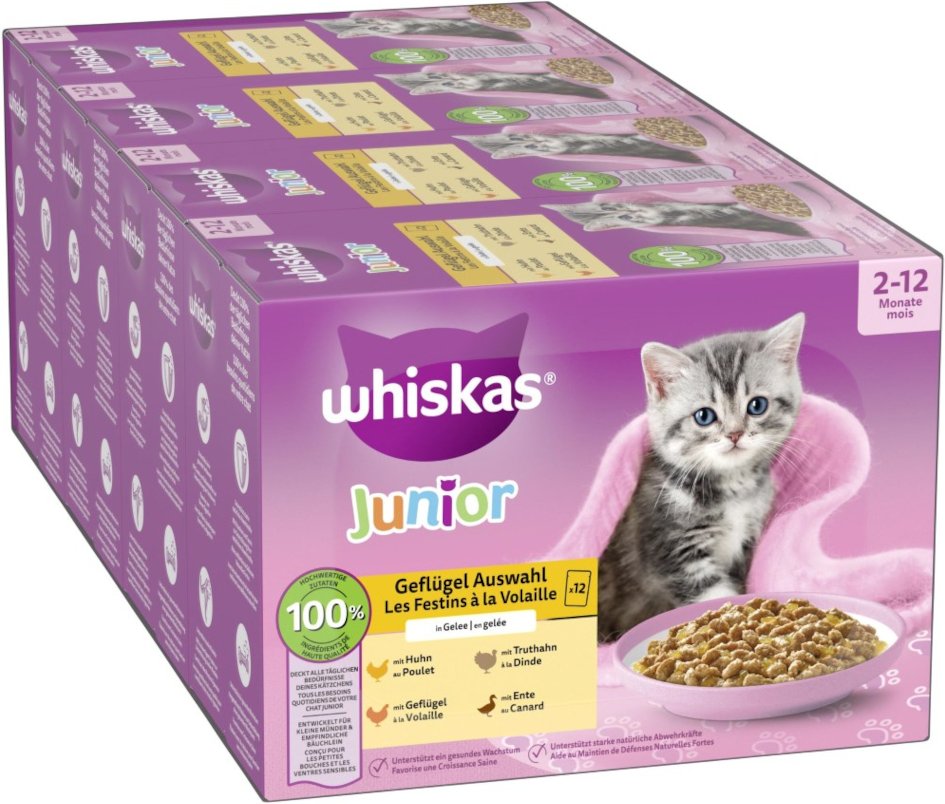 Jumbopack Whiskas Junior Frischebeutel 144 x 85 g - Geflügelauswahl in Gelee
