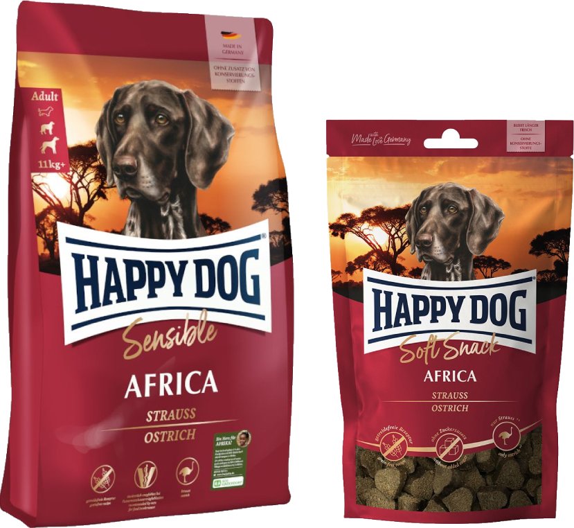 Happy Dog Kombi-Paket: Supreme Sensible 10 / 12,5 kg + 5 x 100 g Soft Snack - Sensible Africa 12,5kg + Africa 5 x 100 g