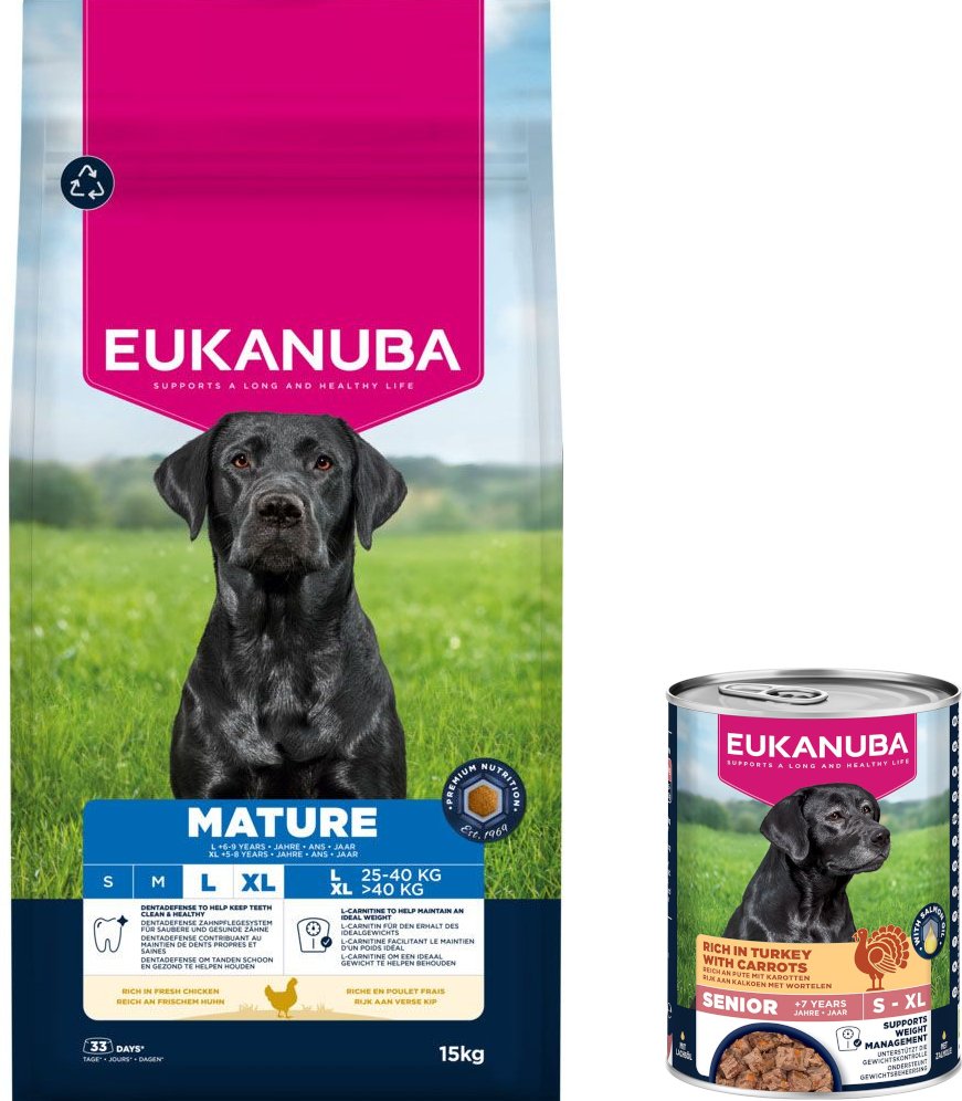 15 kg Eukanuba Premium Nutrition + 3 x 400 g passendes Nassfutter gratis! - 15 kg Mature Large & Giant Breed Huhn + 3 x ...