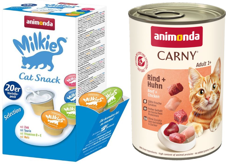 animonda Kombi-Paket: 12 x 400 g Carny Adult + 20 x 15 g Milkies Selection - Rind & Huhn + Milkies Snack (4 Sorten)