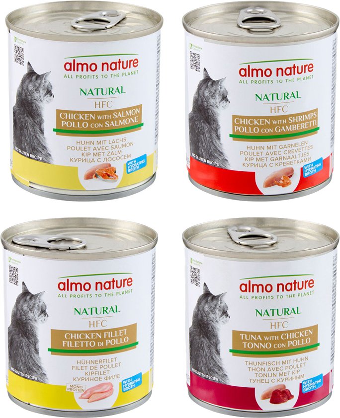 Sparpaket Almo Nature HFC Natural 24 x 280 g - Mixpaket 3 (Huhn & Lachs, Huhn & Garnelen, Thunfisch & Huhn, Hühnerfilet)