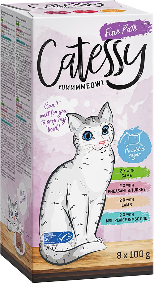 Mixpaket Catessy Schälchen 8 x 100 g Pastete 2 (Wild, Fasan/Pute, Lamm, Scholle/Kabeljau)