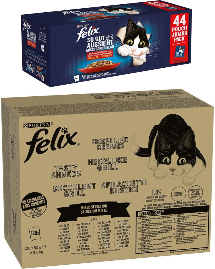 Jumbopack Felix + 44 x 85 g Pouches gratis! - 120 x 80 g "Tasty Shreds" Gemischte Auswahl + 44 x 85 g "So gut wie es aus...
