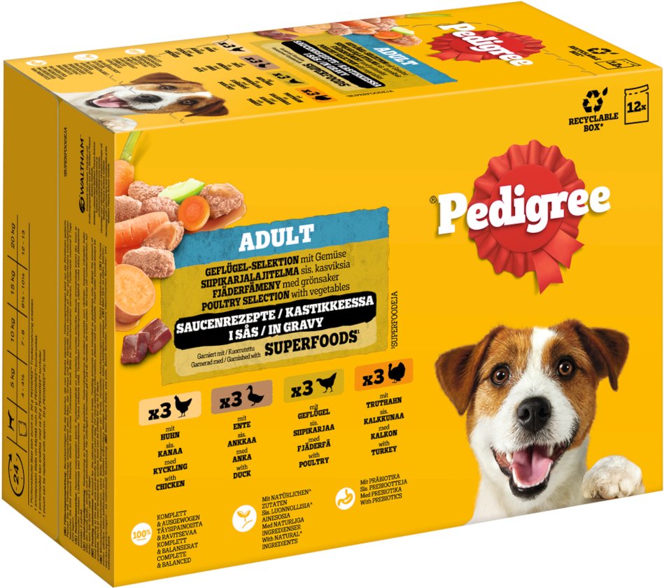 Pedigree Adult Frischebeutel Multipack - Sparpaket: Geflügelauswahl in Soße (4 Varietäten) 24 x 100 g