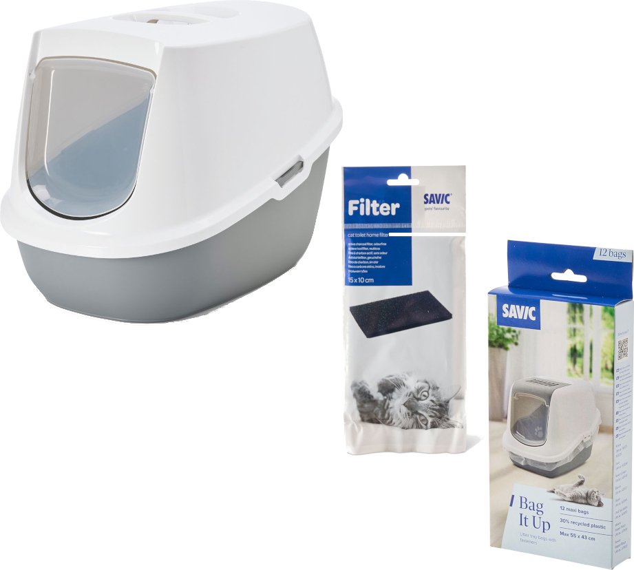 Savic Katzentoilette Robin - Starterset: Toilette grau/weiß + 2 Filter + 12 Bag it up