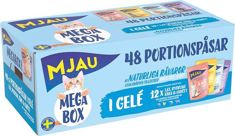 Mjau Multibox 48 x 85 g - Mix in Gelee (Rind, Hühnchen, Garnelen, Lachs)