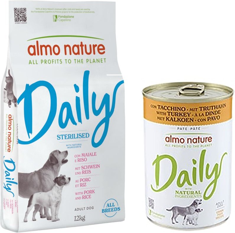 Almo Nature Daily Trockenfutter + 6 x 400 g Ausgewähltes Nassfutter zum Sonderpreis! - 12 kg Sterilised all Breeds Schwe...