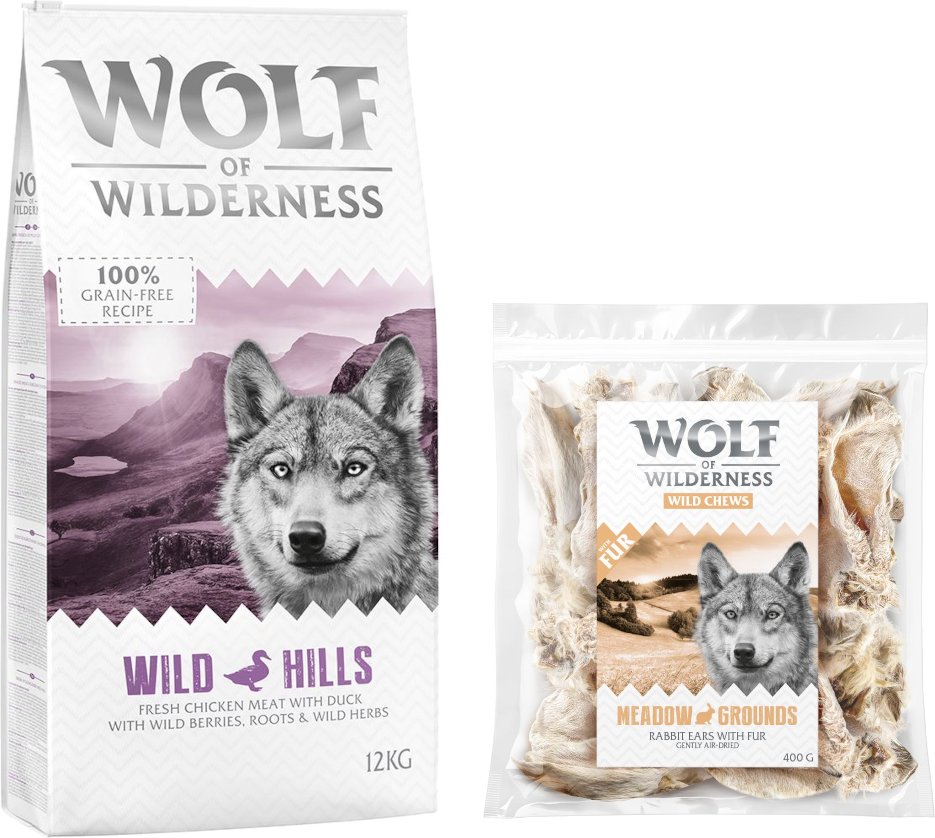 Wolf of Wilderness Kombi-Paket: Adult Trockenfutter + 3 x Kaninchenohren mit Fell Snacks - 12 kg Wild Hills - Ente + 3 x...